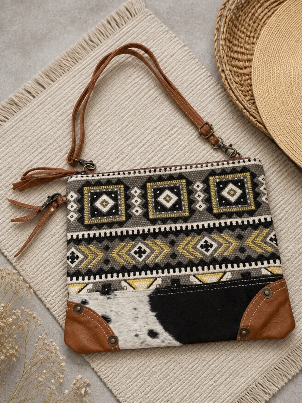 Handcrafted Tribal Pattern Crossbody Bag in Black, White & Brown